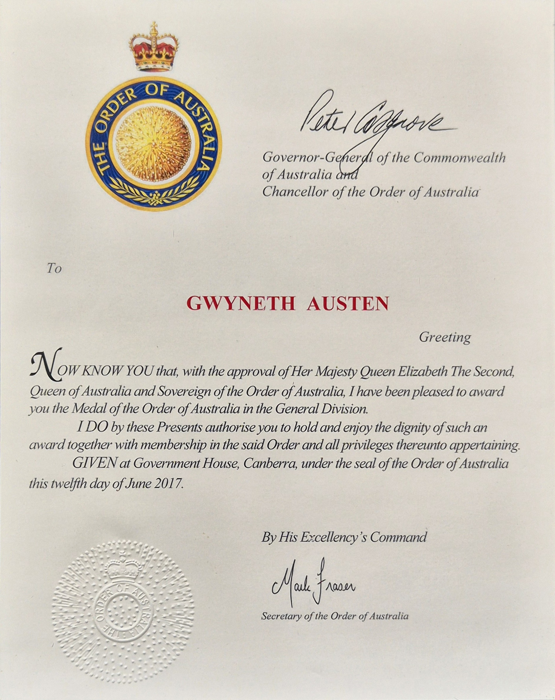 Medal of the Order of Australia certificate presented to Gwyneth Austen, 12th June 2017.