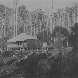Hand sawing timber near Julius Andersen's farm house 'Myuna', c. 1923 