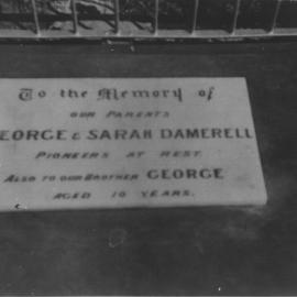 Gravestone of George, Sarah and son George Dammerel at Dammerels Head, 1955 