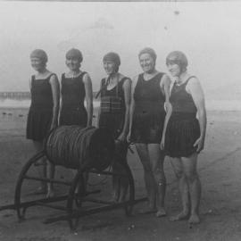 Ladies Surfbelt Rescue Team from Coffs Harbour Jetty Surf Life Saving Club on Jetty Beach, 1931 