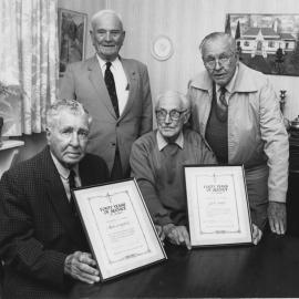 Allan Crawford and Jack Sanger receiving awards for 40 years of service to Legacy, 31 August 1990