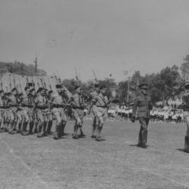 Capt. Hodge and the Coffs Harbour High School Cadet Corps on parade at Grafton Showground, 1943 or 1944 