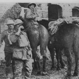 Soldiers and horses pause for a drink during World War I, 1917