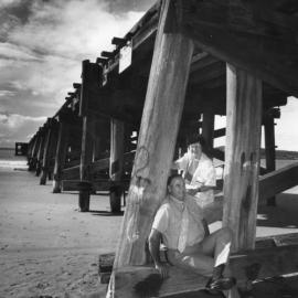 Councillors Brian Beckett and Heather Casson sitting on a jetty footing, 1992