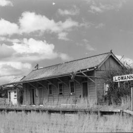 The abandoned Lowanna Railway Station with overgrown tracks, 1990