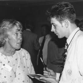 Wendy Hall with an interviewer, c. 1970