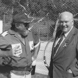 El Presidente of the Banana Republic Garry Nehl and roving ambassador Fred Daly with his "Order of the Ripening Banana", 12 May 1979