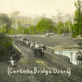A bullock team on Duncan's Crossing Bridge over the Orara River at Coramba, 1915 