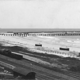 Surf club with dressing sheds on Jetty Beach, 1922