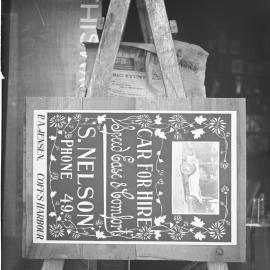 Advertising gas light plate for Nelson's car hire, 1922