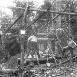 Three men at a Beacon Mine entrance, c. 1898