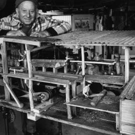 Dudley Timms with a scale model of the Timmsvale timber mill, 21 July 1992 