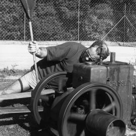 Doug Hoschke demonstrates how to use a corn cracker at the Orara Valley Fair, 10 June 1992 