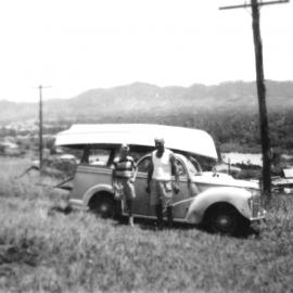 Rob with David Nicol at 4 Solitary Street on the first outing of his home-built boat, 1950s 