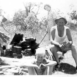 Jack and Alice Fowler with David and Robert Nicol at the Ebor camp site, late 1940s