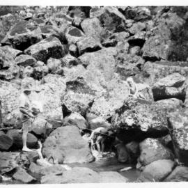 David with his sons Robert and Hugh Nicol below the first waterfall at Ebor, 1940s