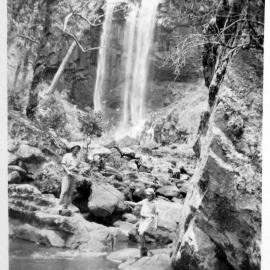 David and Robert Nicol fishing below the second falls at Ebor, 1940s 
