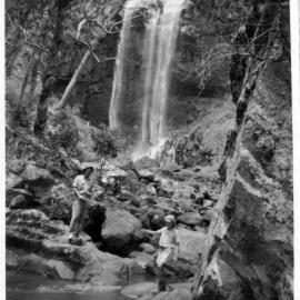 David and Robert Nicol fishing below the second falls at Ebor, 1940s 