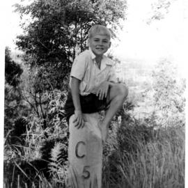 Hugh Nicol poses at Red Hill five miles west of Coffs, late 1940s 