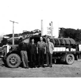 David Nicol with the Leyland fuel tanker at the Coffs Jetty Depot, 1940s 