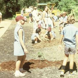 School children planting rare and endangered plants in the North Coast Regional Botanic Garden, 1985