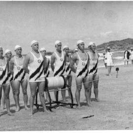 Sawtell Surf Life Saving Club march past team, 1950 