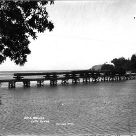 The British Australian Timber Company's steam locomotive crossing Coffs Creek, early 1900s