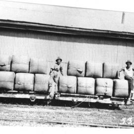 First shipment of wool bales from New England area at the Coffs Harbour Jetty storage shed, 5 March 1930