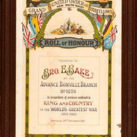Honour Roll for Brother E. Bake, 1919