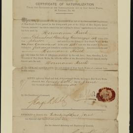 Hermann Rieck's certificate of naturalisation, 1886