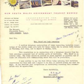 Letter, NSW Government Tourist Bureau, 1960