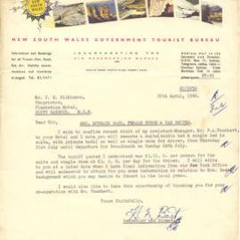 Letter, NSW Government Tourist Bureau, 1960