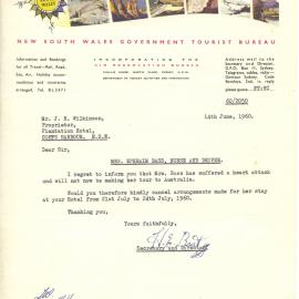 Letter, NSW Government Tourist Bureau, 1960