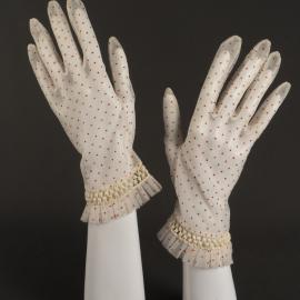 Pair of cream & red hail spot gloves, c. 1960