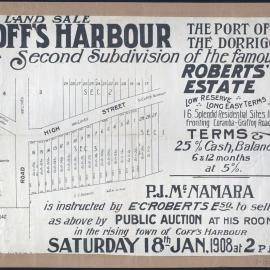 Coff's Harbour: Roberts' Estate land sale poster, 1908