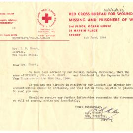 Letter from Red Cross Bureau for Wounded, Missing and Prisoners of War, 6 June 1944