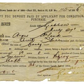 Receipt for land purchased by Angus McLeod, 1886