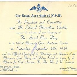 Invitation to The Aerial Race Day at Camden, 1939