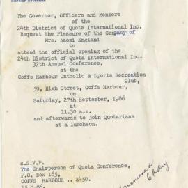 Invitation to Quota International Annual Conference, 14 July 1986