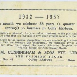 M. Cunningham & Sons print ad and handwritten recipe, 1957