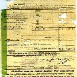 Peter Jensen's notice of assessment for 1918 - 1919