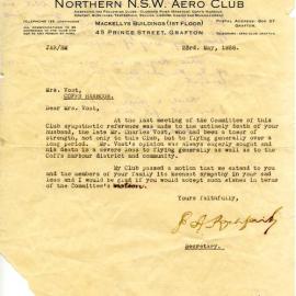 Condolence letter from the Northern N.S.W. Aero Club to Mrs Vost, 23 May 1938