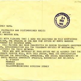 Telegram from the opening of the new Post Office in Coffs Harbour, 1 December 1969