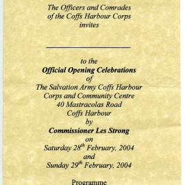 Invitation to Official Opening of The Salvation Army, Coffs Harbour, 28 February 2004