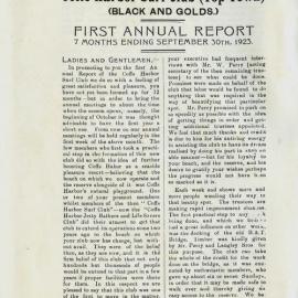 First Annual Report for the Coffs Harbour Surf Club, 1923