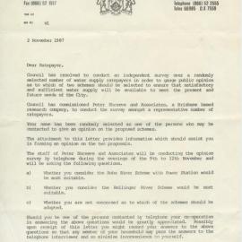 Water Supply Headworks Augmentation report and letter, 2 November 1987