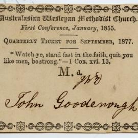 Australasian Wesleyan Methodist Church Quarterly ticket, September 1887