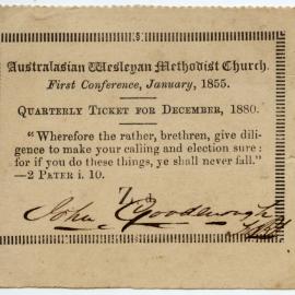 Australasian Methodist Church Quarterly ticket, December 1880
