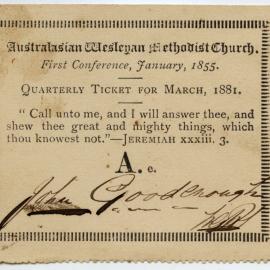 Australasian Wesleyan Methodist Church Quarterly ticket, March 1881