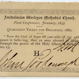 Australasian Wesleyan Methodist Church Quarterly ticket, December 1882